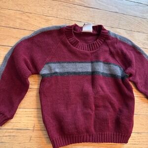 Peek-A-Babe vintage Knit Sweater Burgundy Maroon Grey Striped Crew Neck Raglan